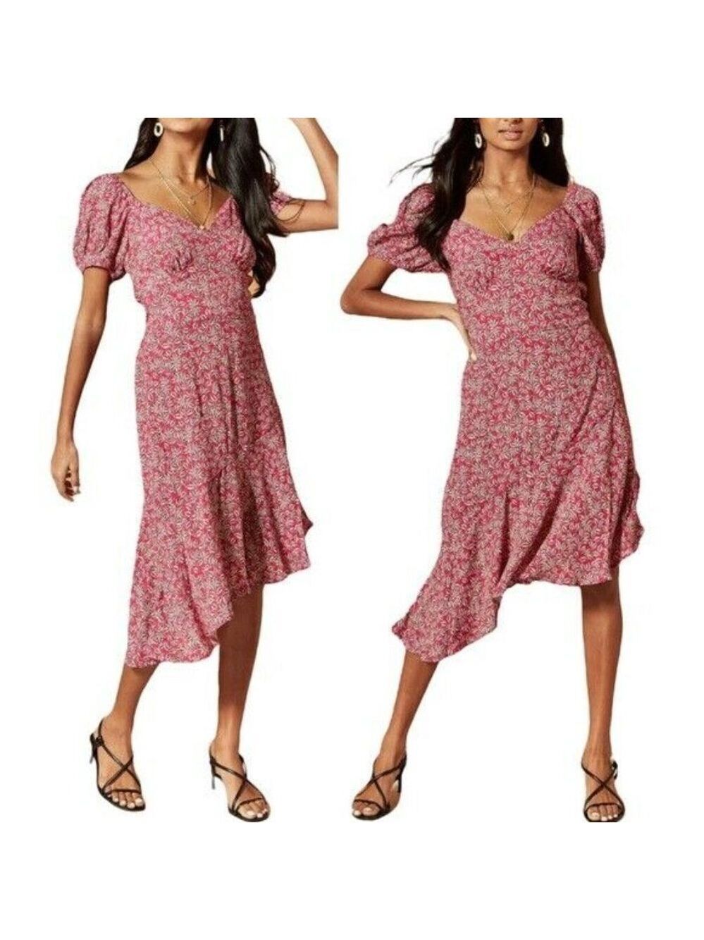 🎩🗝️ NWT Lottie and Holly Boho Gypsy Asymmetrical Hem Puff Sleeve Midi Dress